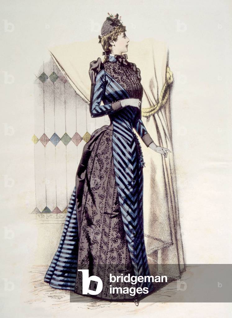 Woman wearing a bustle dress, hand-colored engraving, 1889.
