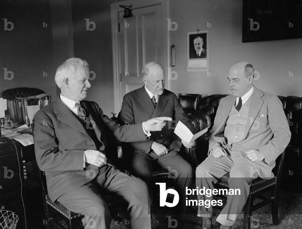 Martin Madden, Frederick Gillett, and Nicholas Longworth meeting on May 22, 1924. Madden was then chairman of the Appropriations Committee, Gillett was House Speaker, and Longworth was Majority Leader