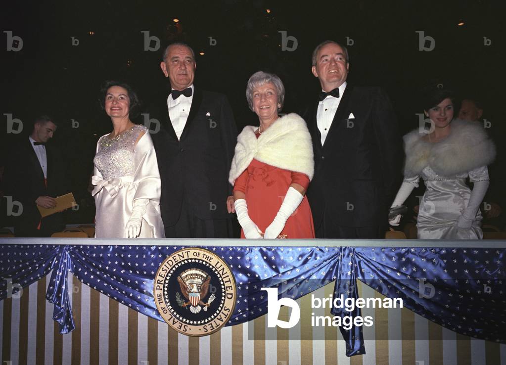 Inauguration of Lyndon Johnson. Lady Bird Johnson, President Lyndon Johnson, Muriel Humphrey, Vice President Hubert Humphrey at the Inaugural Gala. Jan 18, 1965