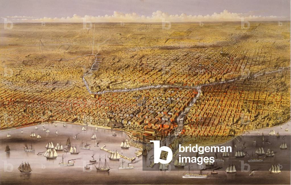 1874 view of the city of Chicago showing the waterfront on Lake Michigan, and the newly re-built city following the 1871 Chicago Fire