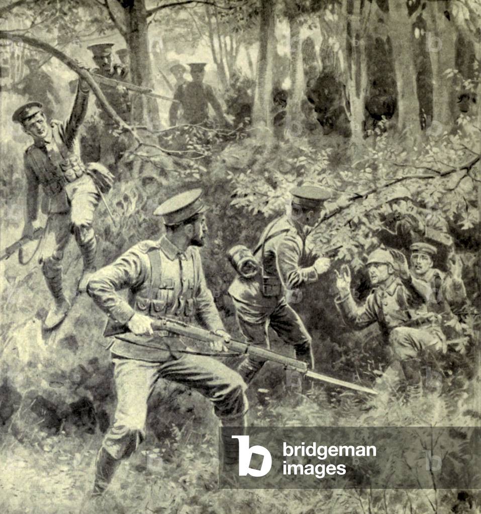 World War 1. British soldiers accepting the surrender of starving German soldiers who were stranded without food or ammunition. When the Battle of the Marne ended in a German retreat to entrenched positions, food and supplies to many soldiers were disrupted. September 1914