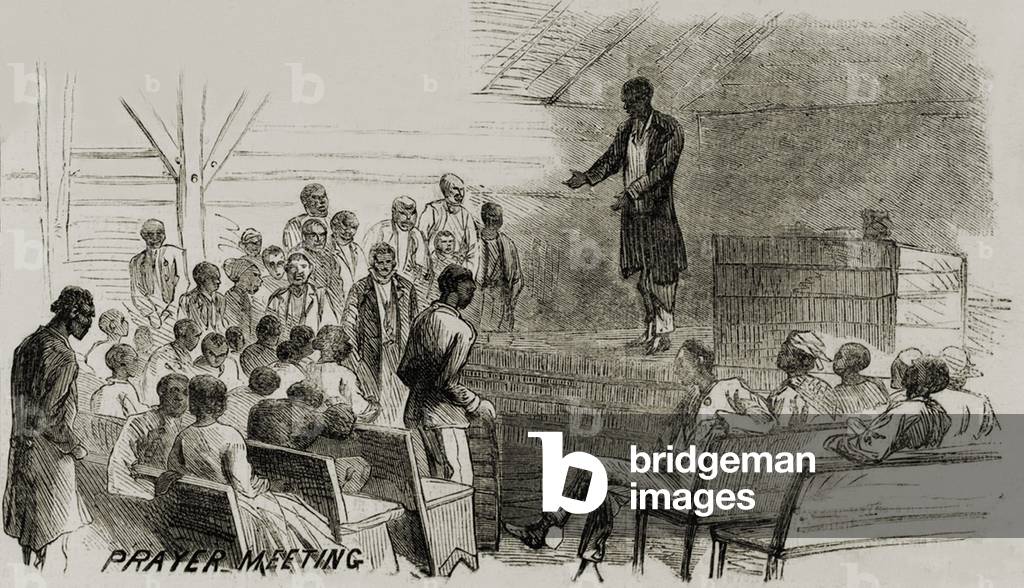 African American freedmen in a prayer meeting after the end of the U.S. Civil War. After emancipation, churches were evolved a distinct of African American cultural expression free from white control. Engraving from an 1867 sketch by A. R. Waud