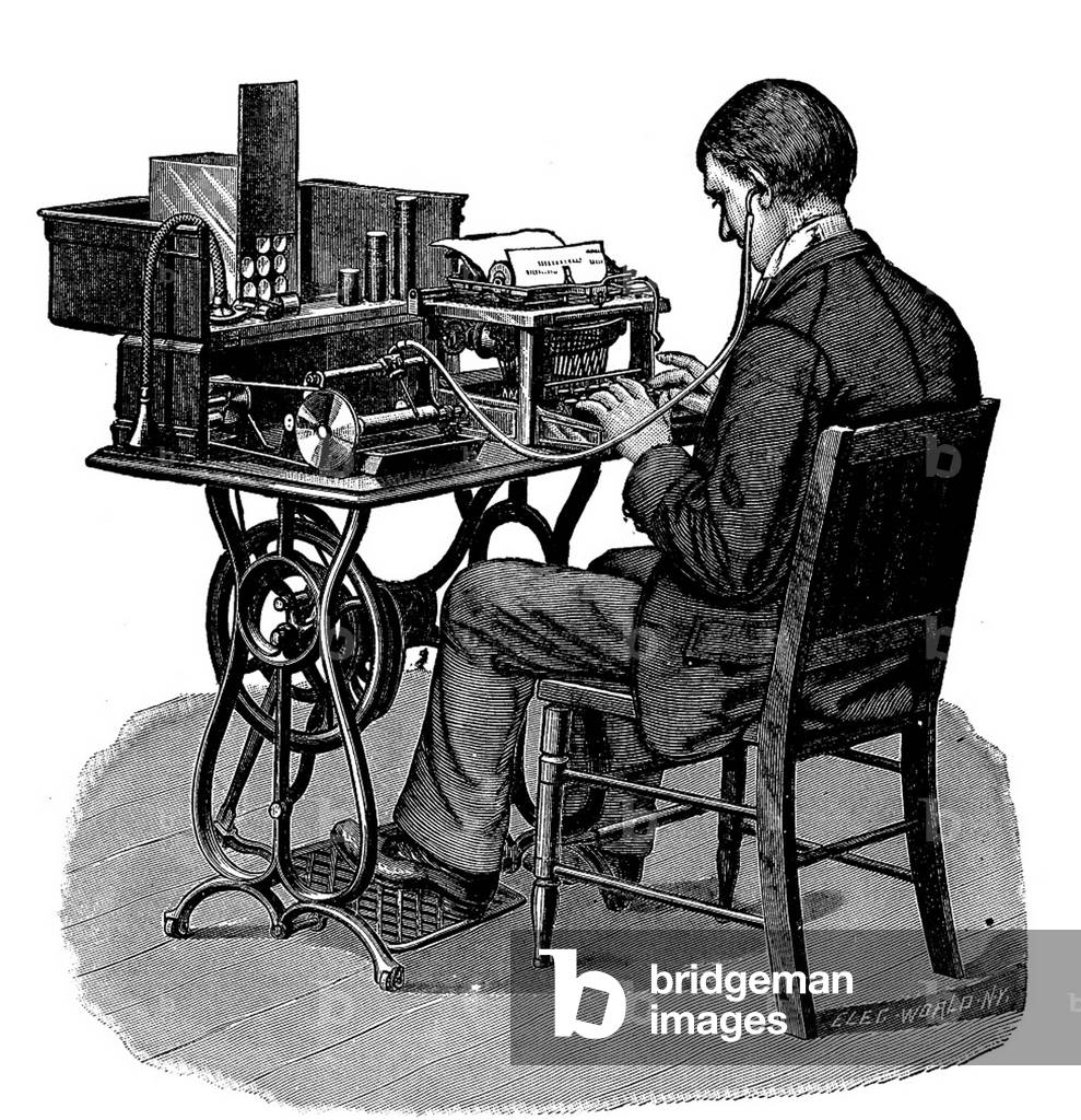 Le graphophone: The graphophone, an early recording device, the text reads: 'Graphophone, 1887, as used in receiving a dictation and for transcribing', 1887.
