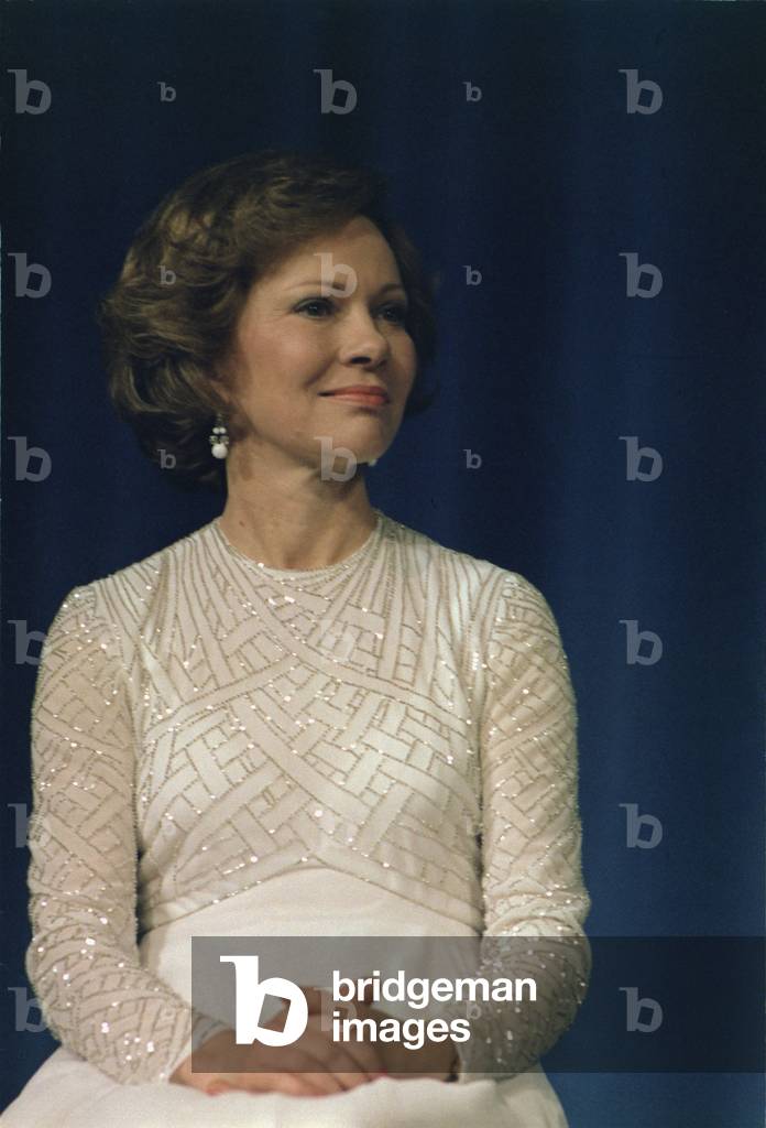 First Lady Roslyn Carter in a white sequined dress at a Democratic National Committee Fundraiser in Atlanta Georgia. c. 1977-1980