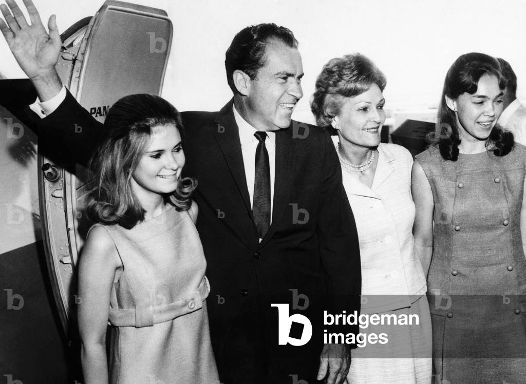 Tricia Nixon, Former Vice President Richard Nixon, Pat Nixon, and Julie Nixon, leaving New York from Kennedy International Airport, June 4, 1967