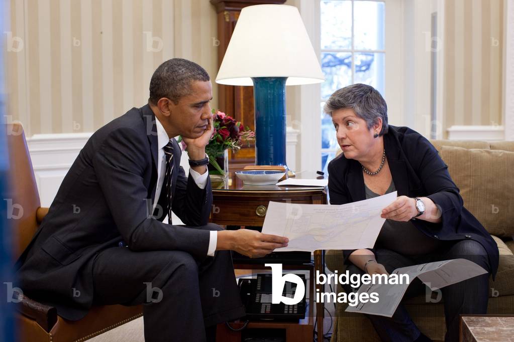 President Barack Obama meets with Homeland Security Secretary Janet Napolitano. Oval Office, White House, Jan. 31, 2012