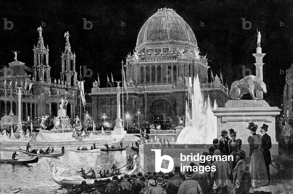 Columbian Exposition--the grand court at night--electrical illumination of MacMonnies's fountain and the administration building. Halftone illustration by Charles Graham, 1893
