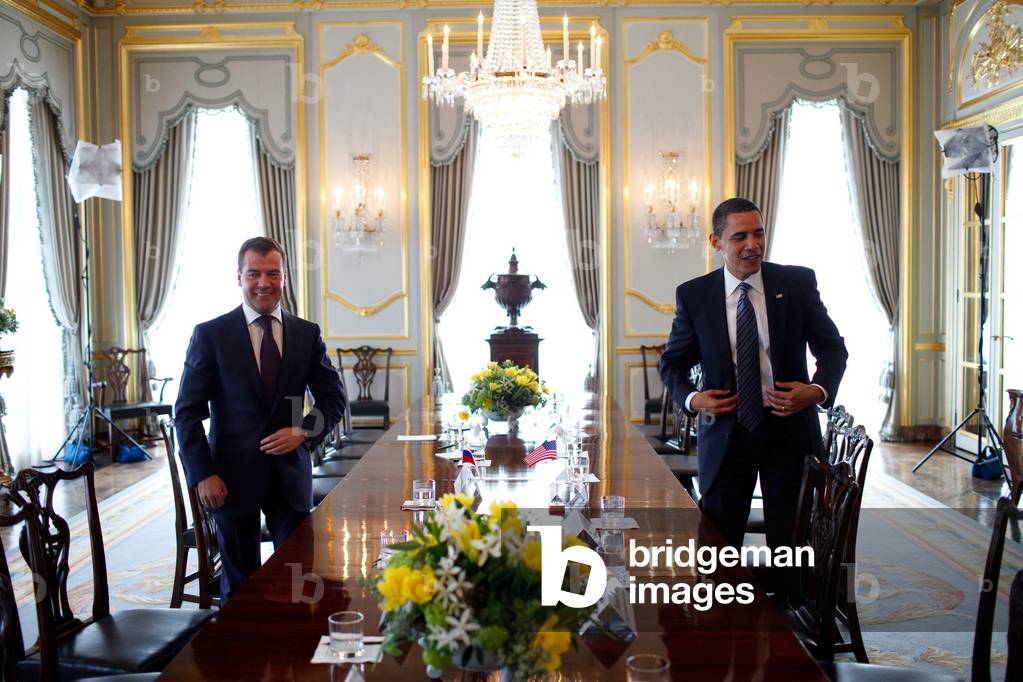 President Obama and Russian President Dmitry Medvedev conclude a meeting at Winfield House in London. April 1 2009. (BSWH_2011_8_262)