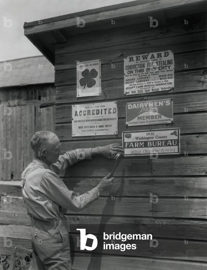 Farmer attaches another membership sign to his barn, Washington County, New York, 1930. Agricultural organizations encouraged more effective farming and lessened rural isolation