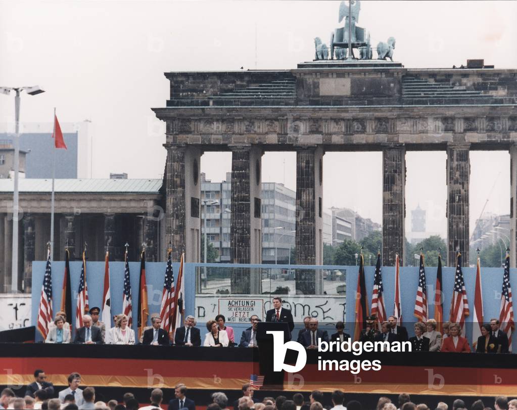 President Reagan giving his famous 'Mr. Gorbachev, tear down this wall!,' speech at the Berlin Wall and the Brandenburg Gate. June 12, 1987