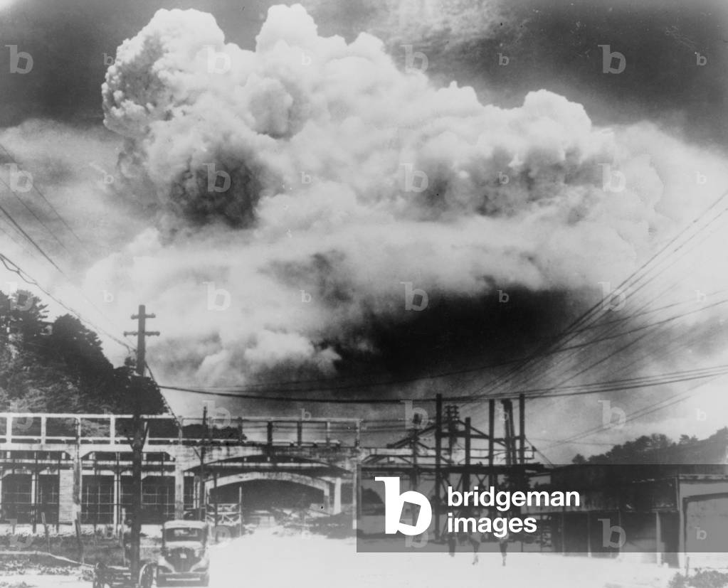 Japanese photo of the mushroom cloud of the atomic bomb blast in Nagasaki, Japan, Aug. 9, 1945