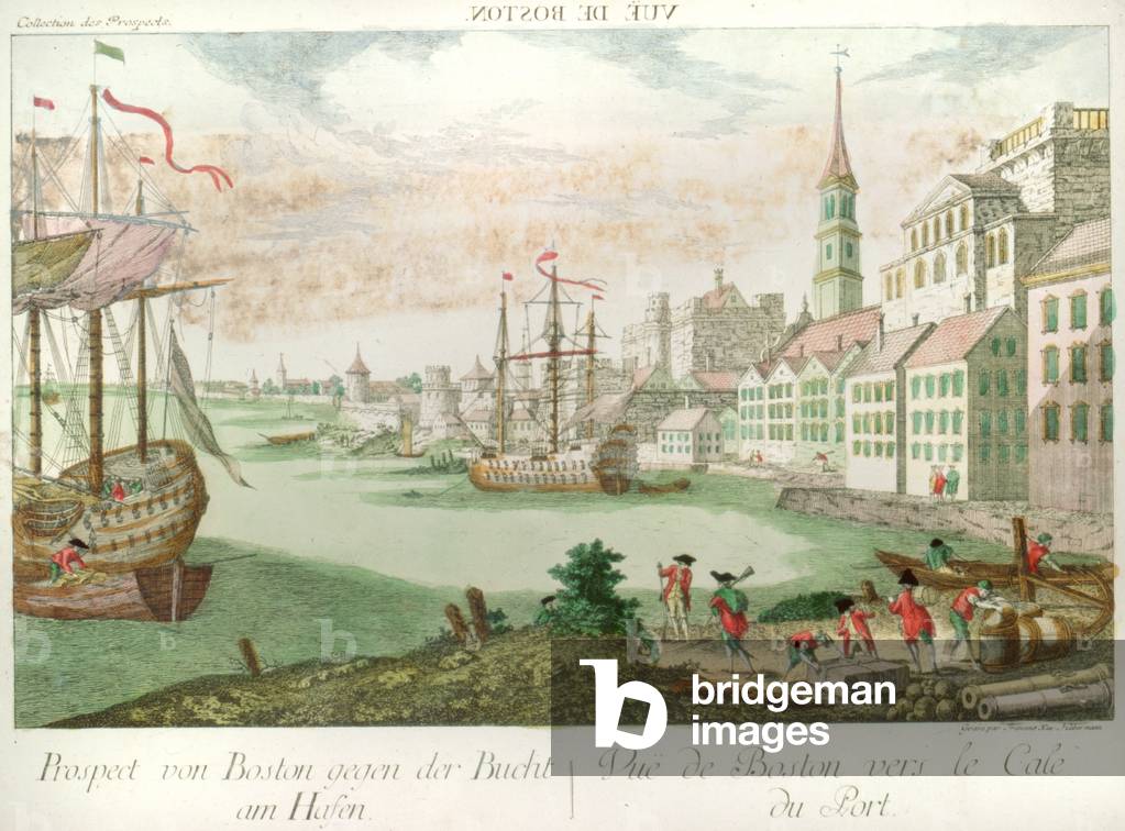 The American Revolution, Vue de Boston. Prospect von Boston gegan der Bucht am Hasen Vue de Boston vers le Cale du Port, harbor in Boston, Massachusetts, two ships at anchor, British soldiers and men working, merchandise on shore, an idealized view depicting Boston as a typical European city, by Franz Xaver Haberman, c.1770s