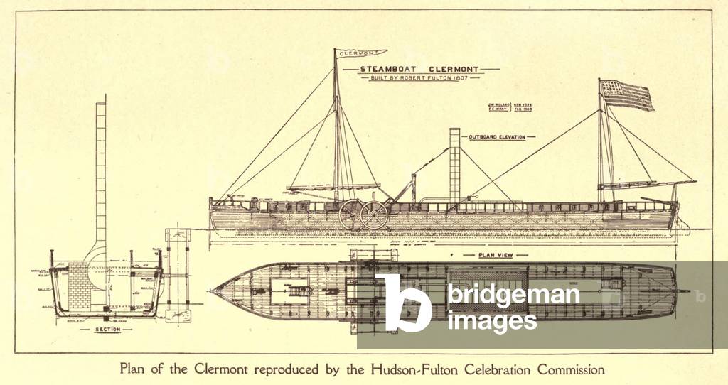 Plan of Robert Fulton's first steamboat the CLERMONT built in 1807. hudsonfultoncele00statuoft_0055