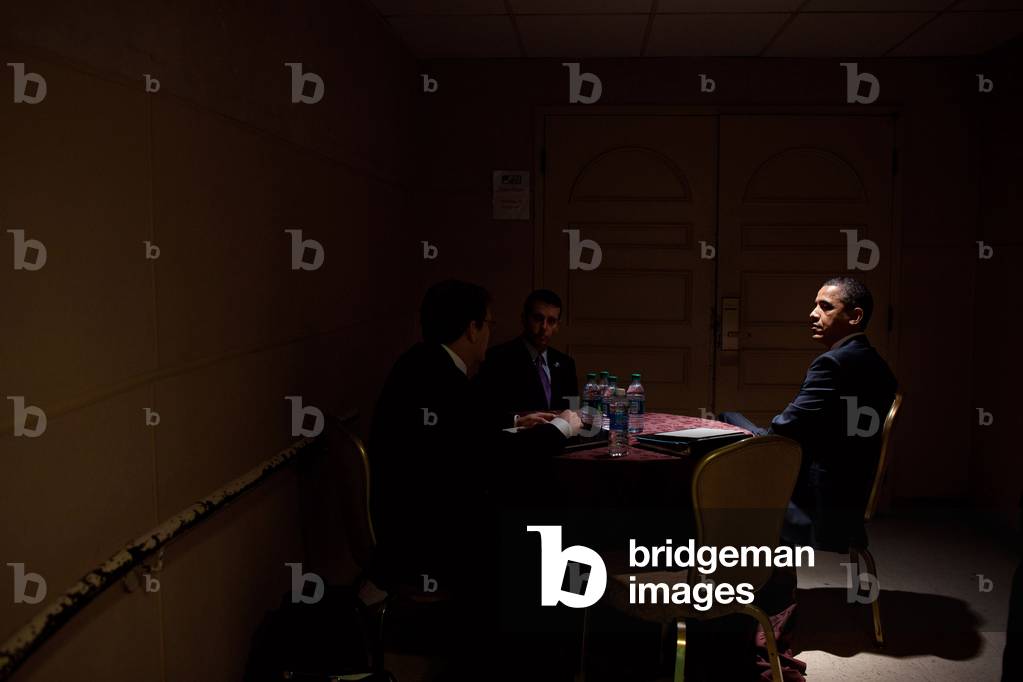 Barack Obama: President Barack Obama meets with Press Secretary Jay Carney, left, and Senior Advisor David Plouffe, center, before an interview with Ben Feller of the Associated Press, in Chicago, Ill., April 15, 2011.