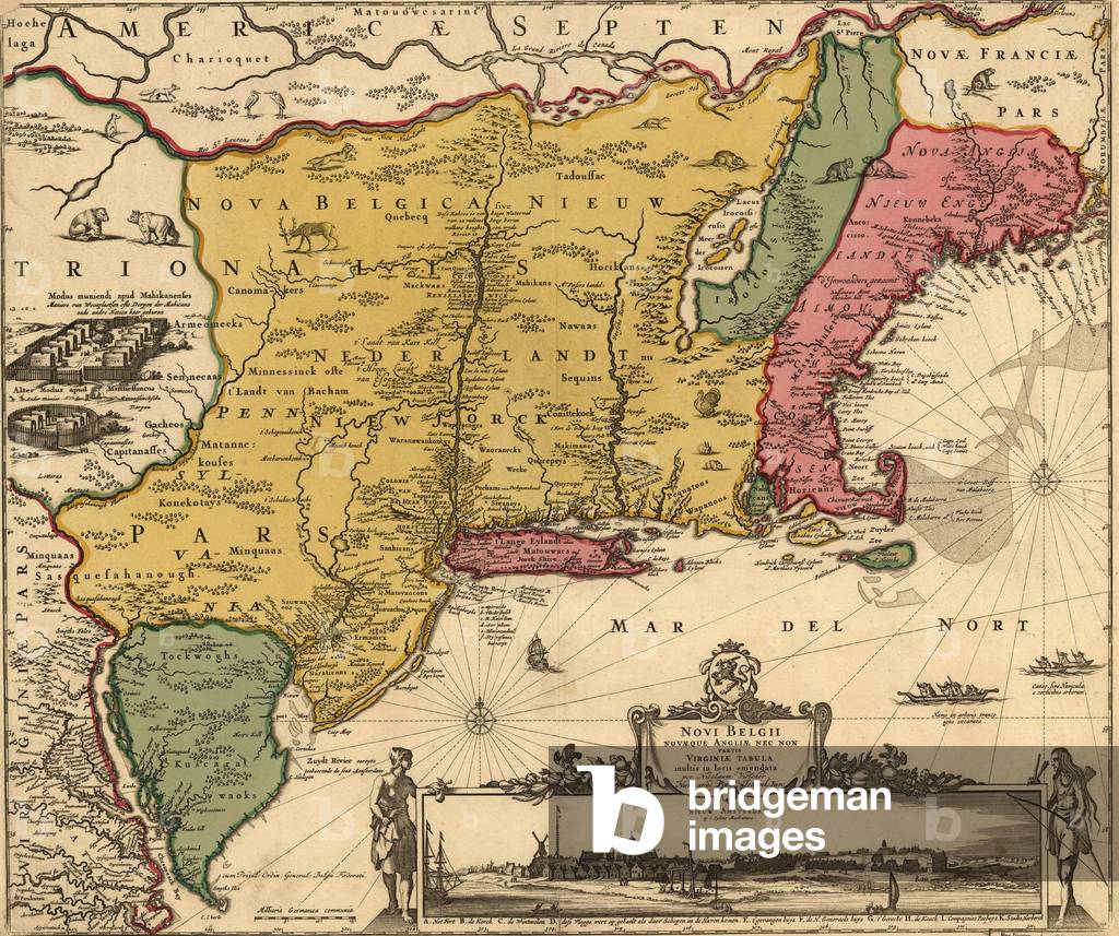 17th century map of land that became New England, New Jersey, and New York. Map includes a view of New Amsterdam, later New York City, in 1685, when it was under Dutch control. On left is an Iroquois settlement with longhouses