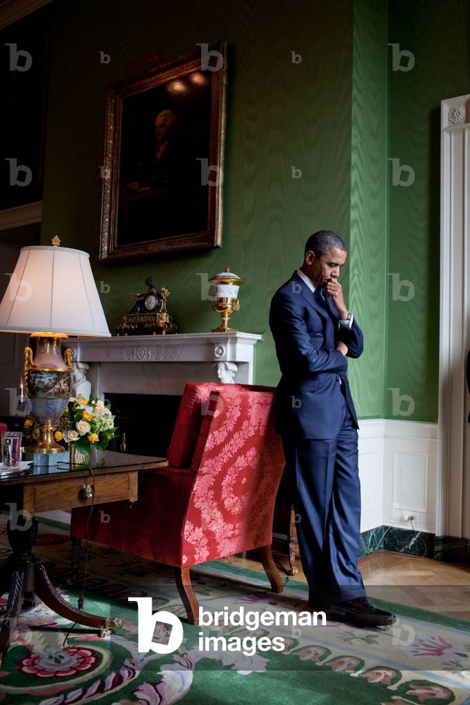 President Barack Obama waits in the Green Room before being introduced at the White House Summit on Community Colleges. Oct. 5 2010.,