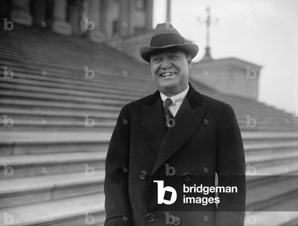 Harry F. Sinclair (1876-1956), president of Sinclair Consolidated Oil Corporation, on the steps of the Capitol in Washington D.C. He bribed Albert Fall for Teapot Dome oil leases, paid hush money to Harding enemies, paid Harding a fortune for his modest newspaper, MARION STAR, and regularly lost thousands in poker games with influential politicians. January 22, 1923