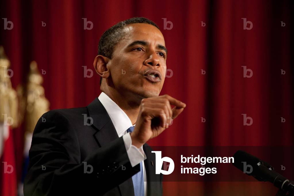 President Barack Obama making his important speech at Cairo University in Cairo calling for a 'new beginning between the United States and Muslims'. June 4 2009.,