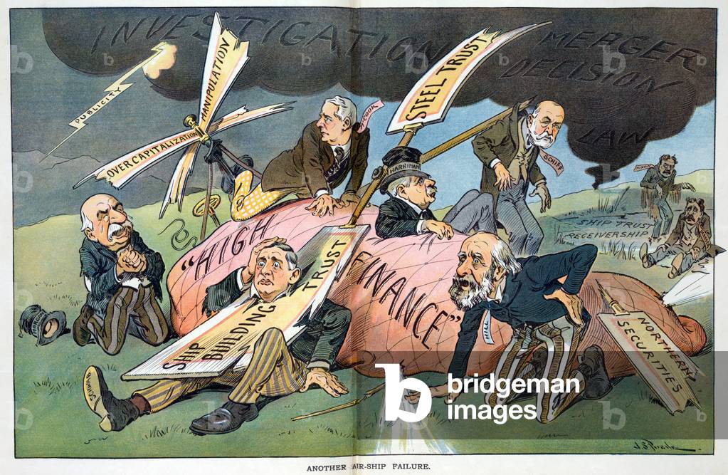 J.P. Morgan. Political cartoon lampooning the Supreme Court's ruling against the Northern Securities monopoly, 1904 (engraving)