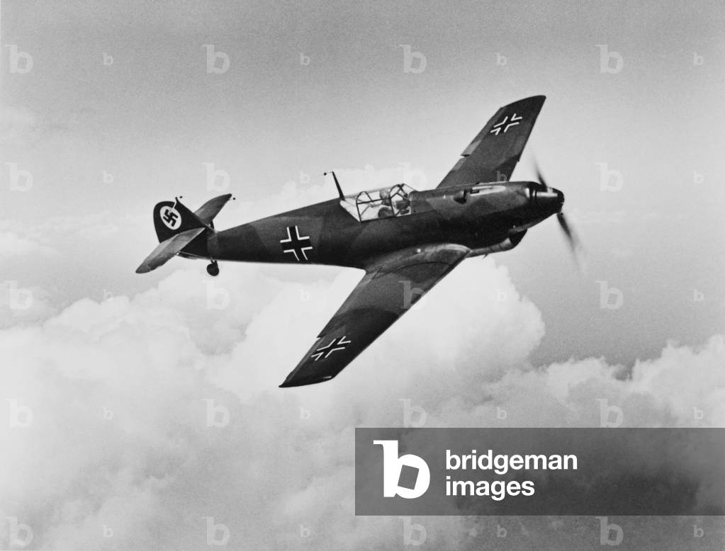 Advanced BFW German fighter aircraft in flight, 1937. Manufactured by the Bayerische Flugzeugwerke AG. It had all metal frame construction, a closed canopy and retractable landing gear