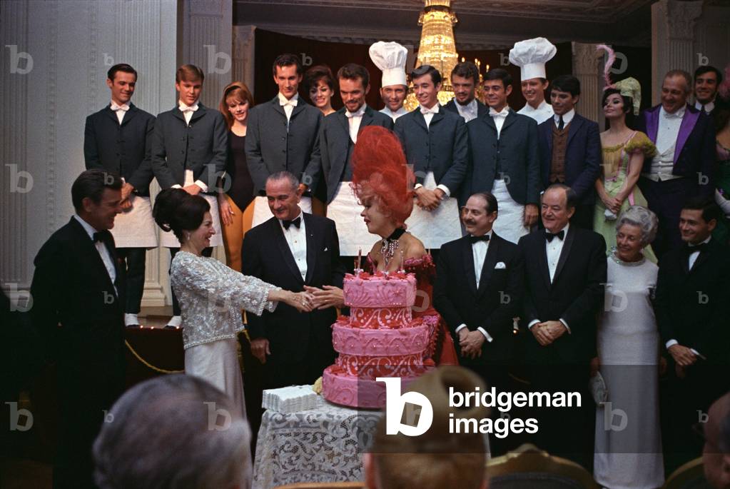 Lady Bird Johnson thanks Carol Channing and cast members after their White House performance of the hit Broadway musical, 'Hello Dolly'. Jan. 17, 1967