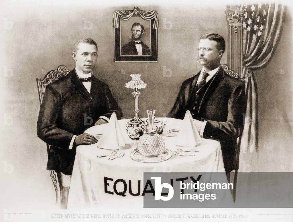 Booker T. Washington dines with President Roosevelt, October 17th, 1901. Commemorative print celebrating the event, one of several meetings between the educator and progressive president