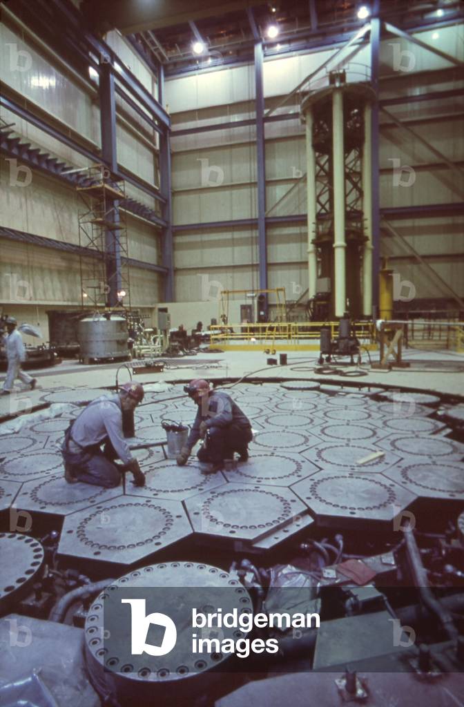 Workers on the refueling floor of the St. Vrain Nuclear Power Plant near Platteville Colorado. The plant operated from 1977-1992. Photo c. 1973-75