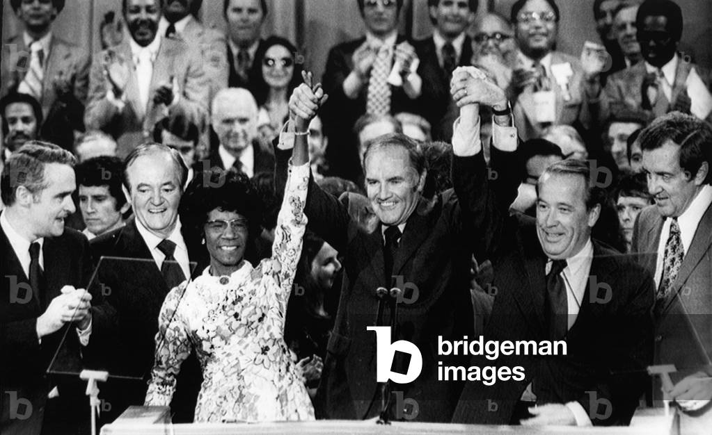 US Elections. From left: US Senator and vice presidential candidate Thomas Eagleton, former Vice President Hubert Humphrey, US Congresswoman Shirley Chisolm, US Senator and presidential candidate George McGovern, US Senator Henry M. Jackson, US Senator Edmund Muskie, at the Democratic National Convention in Miami, Florida, July, 1972