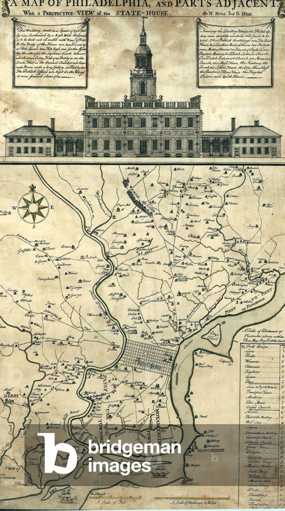1752 map of Philadelphia, Pennsylvania, the Delaware River, and regional settlements. Map includes an engraving of the 