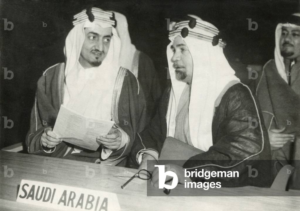 Saudi Arabian delegates to the United Nations session in London, Jan. 17, 1946. At left is Foreign Minister Faisal bin Abdulaziz, who would rule as King Faisal from 1964-1975. On right is Saudi minister Shaik Hafiz Wahbe. - (BSLOC_2014_15_210): Saudi Arabian delegates to the United Nations session in London, Jan. 17, 1946. At left is Foreign Minister Faisal bin Abdulaziz, who would rule as King Faisal from 1964-1975. On right is Saudi minister Shaik Hafiz Wahbe. - (BSLOC_2014_15_210)