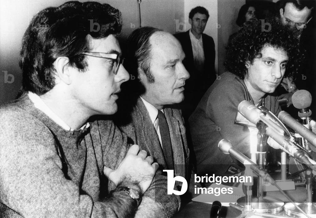 Rennie Davis, David Dellinger and Abbie Hoffman, three of the men on trial for inciting riots at a press conference, Chicago, 1969