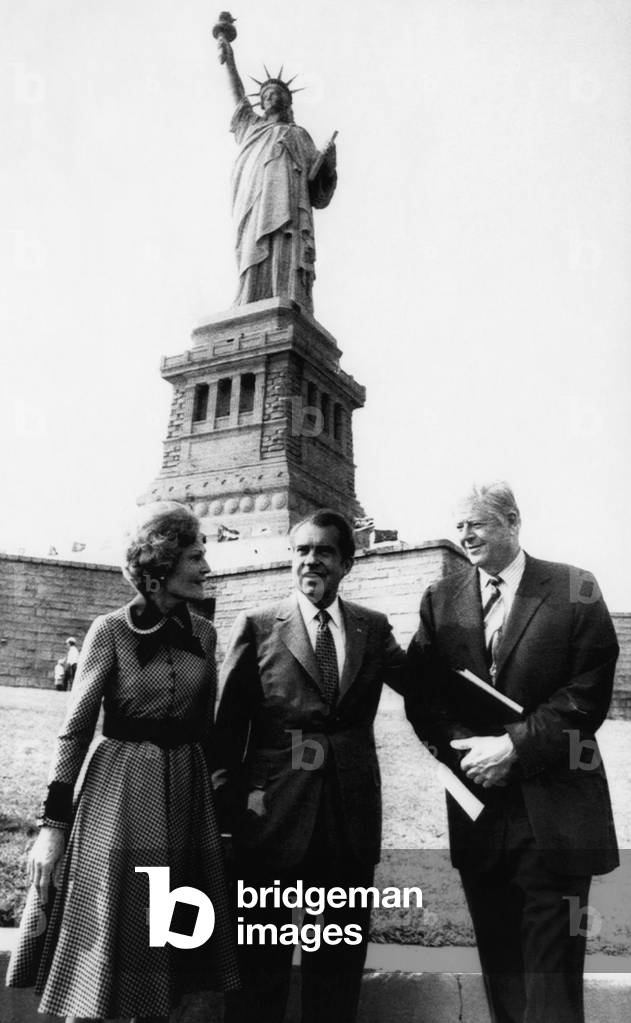 1972 US Presidency. From left: First Lady Patricia Nixon, President Richard Nixon, Secretary of the Interior Rogers C.B. Morton at Statue of Liberty Island to dedicate the new American Museum of Immigration, New York, New York, September, 1972