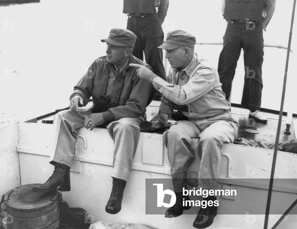 U.S. Commanders go ashore at Inchon, Korea, aboard a motor launch of the USS Mt. McKinley, 1950-53