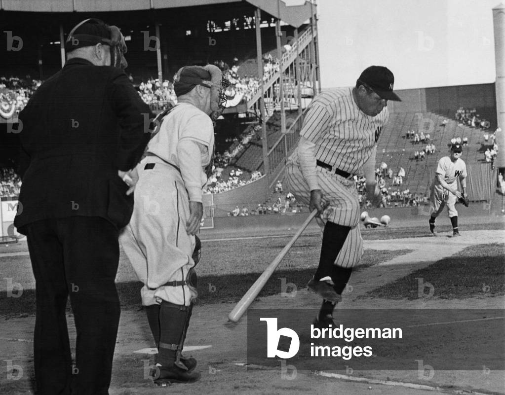 Major League Baseball. From left: Former Umpire Bill Klem, former New York Giants catcher Roger Bresnahan, former New York Yankees outfielder Babe Ruth, former Washington Senators pitcher Walter Johnson, baseball War Bond Game, Polo Grounds, New York City, New York, 1943