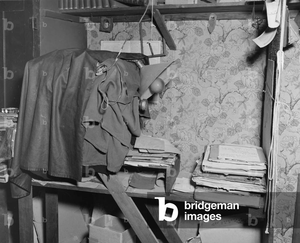 Interior of L.C. Handy Studio, with view camera and copy stand set up in crowded conditions, 494 Maryland Avenue, Washington, DC, 1954