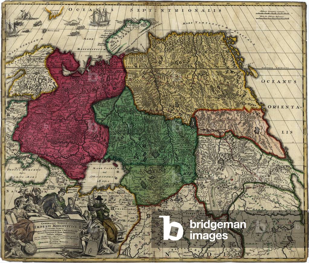 1704 map of Russia showing territorial gains made during the reign of Peter the Great (1672-1725). Map distinguishes between the European Russian and the Asian territories of Tartarie Magna and Siberia