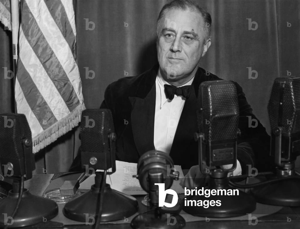 President Franklin D. Roosevelt (1882-1945), U.S. President 1933-1945, speaking to the United States, 1937