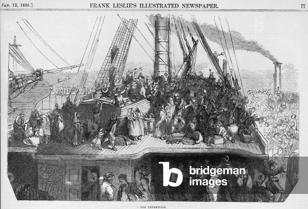 Immigrants waving farewell to crowd on dock, as their ship leaves a Western European port for North Americ. Wood engravings 1850-1860
