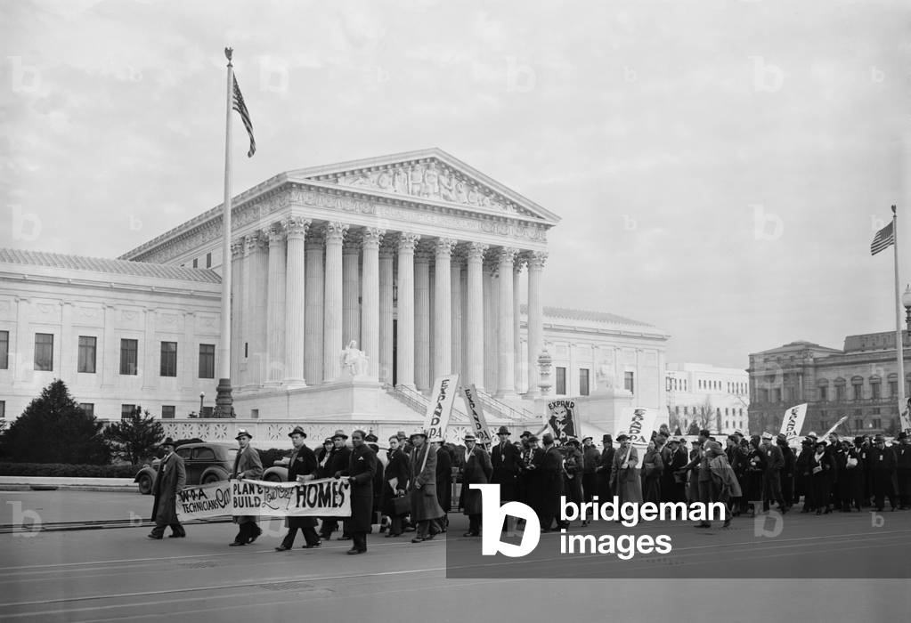 WPA protest march in front of the U.S. Supreme Court, Jan. 16, 1937. A multiracial group of men and women demonstrated for expansion of the WPA