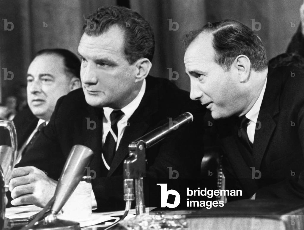 Bobby Baker (right), close Lyndon Johnson advisor, with his attorney, Edward Bennett Williams. Baker was subpoenaed to testify to the Senate Rules Committee, Feb. 25, 1964. He refused to testify or turn over his subpoenaed records to the committee