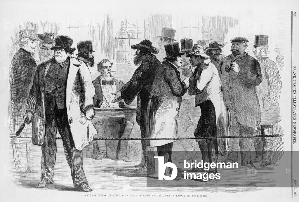 Naturalization of foreigners, scene in Tammany Hall, in New York City before the 1856 elections. In left foreground, a rough looking man with a club in his hand, indicates this was not a completely innocent process. New York City politicians courted immigrants, often issuing fraudulent naturalization certificates in exchange for votes. Wood engraving from Frank Leslie's Illustrated Newspaper, Novemebr 8, 1856
