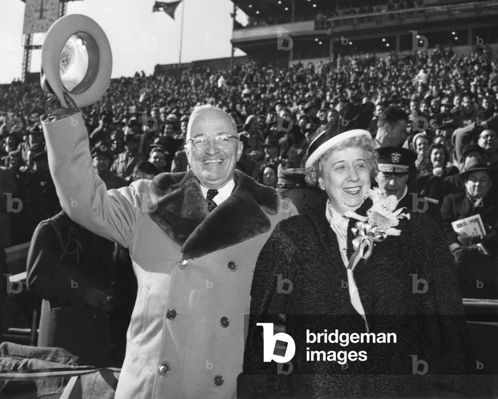 President Harry Truman and First Lady Bess Truman at the Army Navy Football Game. Nov. 27, 1948.