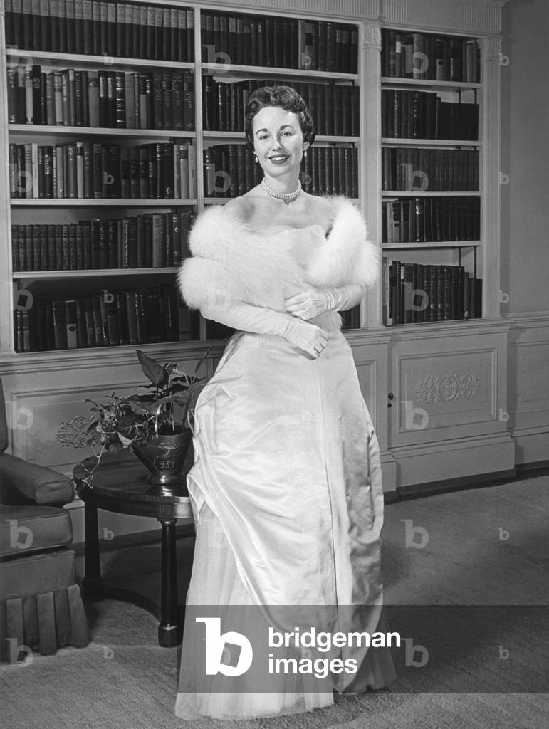 Barbara Eisenhower in the gown she will wear to the 1957 Inaugural Ball. Jan. 19, 1957.