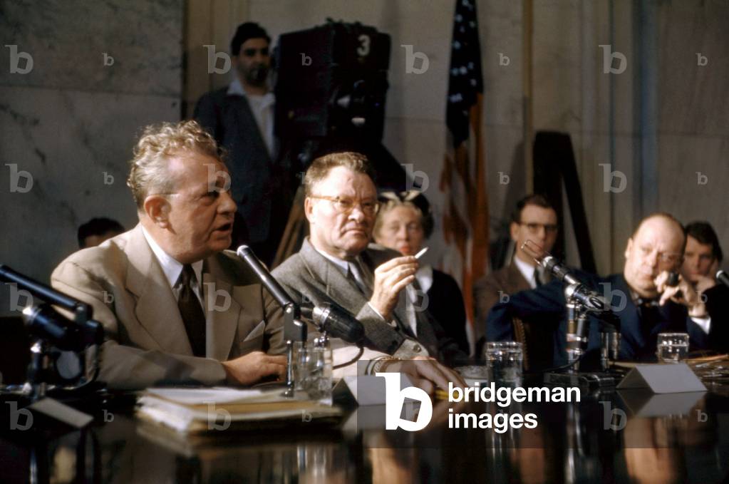 U.S. Senator Everett Dirksen (far left) and Senator John McClellan during the Army-McCarthy Hearings in the U.S. Senate, March-April 1954, photo: Robert Phillips/Everett Collection
