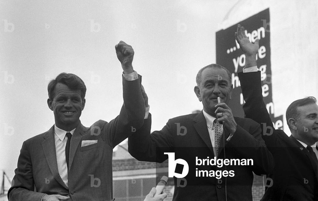 Robert Kennedy and President Lyndon Johnson campaign together in upstate New York State where Kennedy was running for the Senate and Johnson for President. Oct 15, 1964