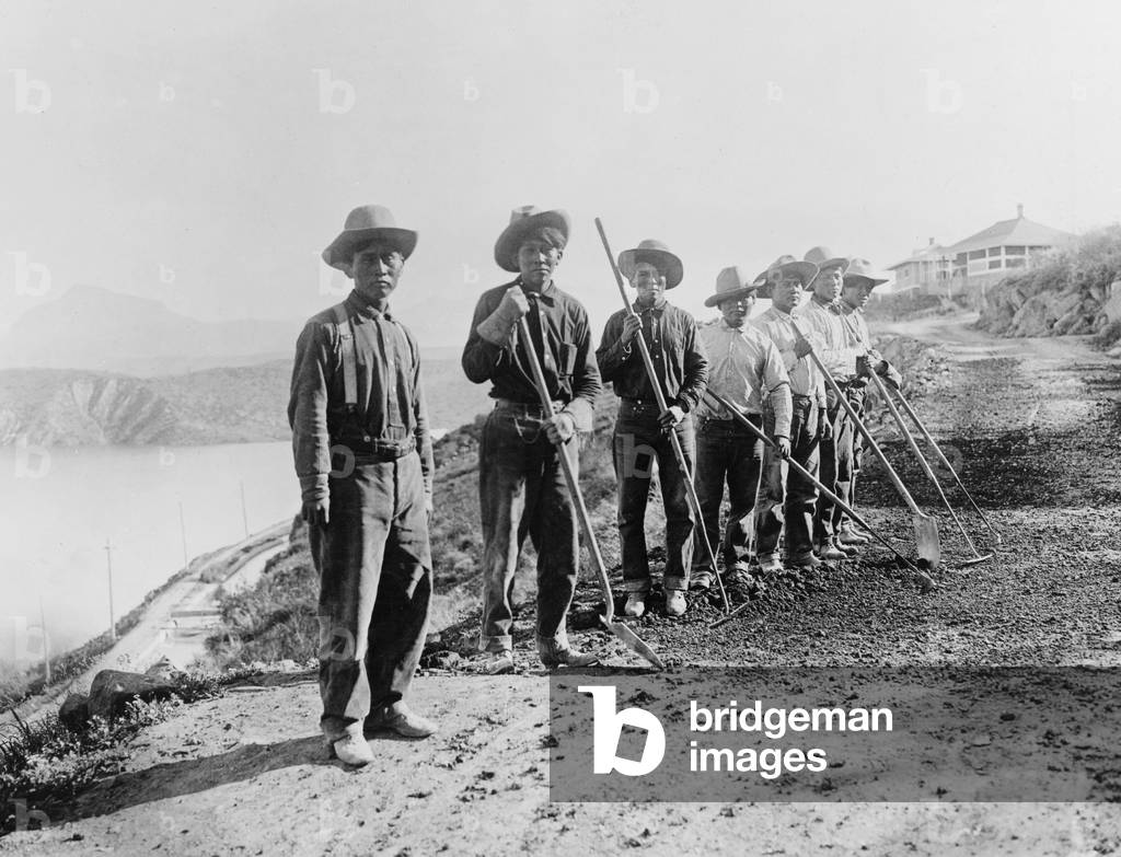Arizona's Salt River Project involved the construction of a system of canals to deliver water throughout the river valley. Apache Indian laborers for the project in Roosevelt, Arizona