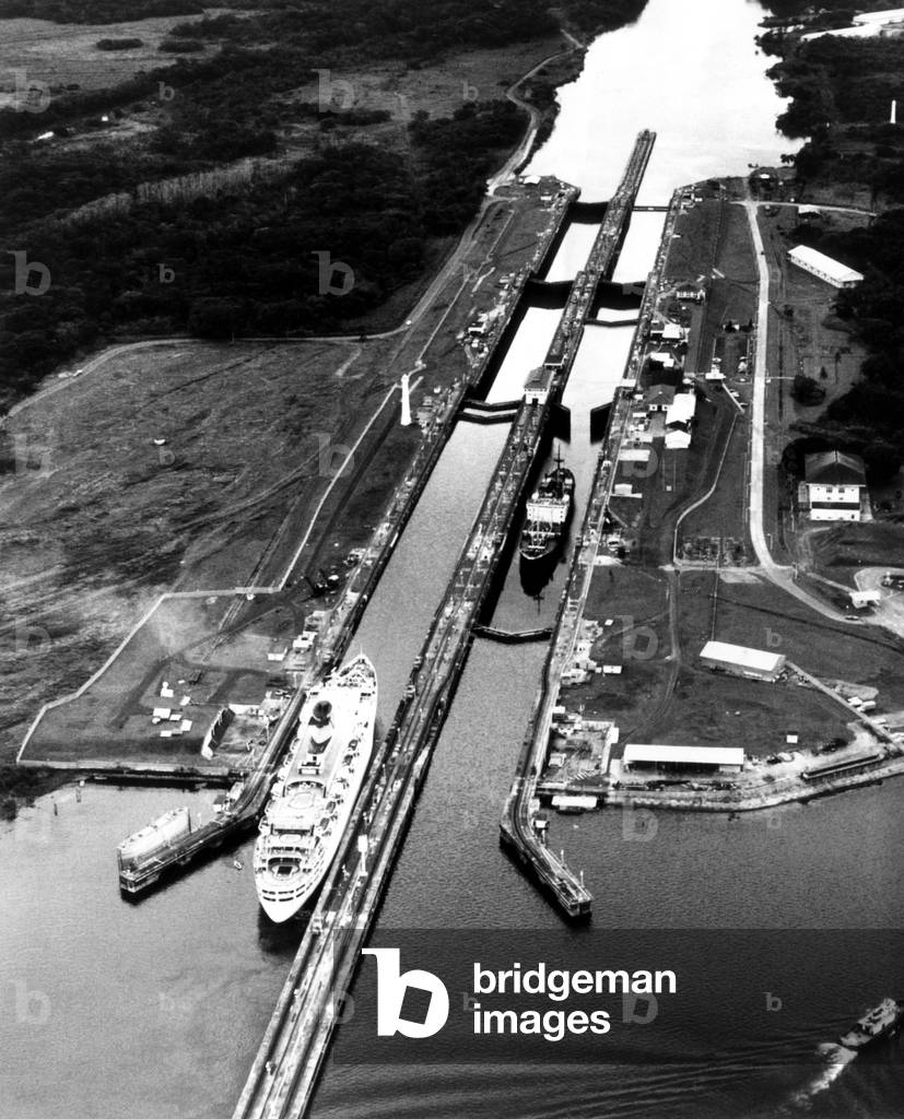 The Panama Canal, a cruise ship moves through the canal, c.1970s