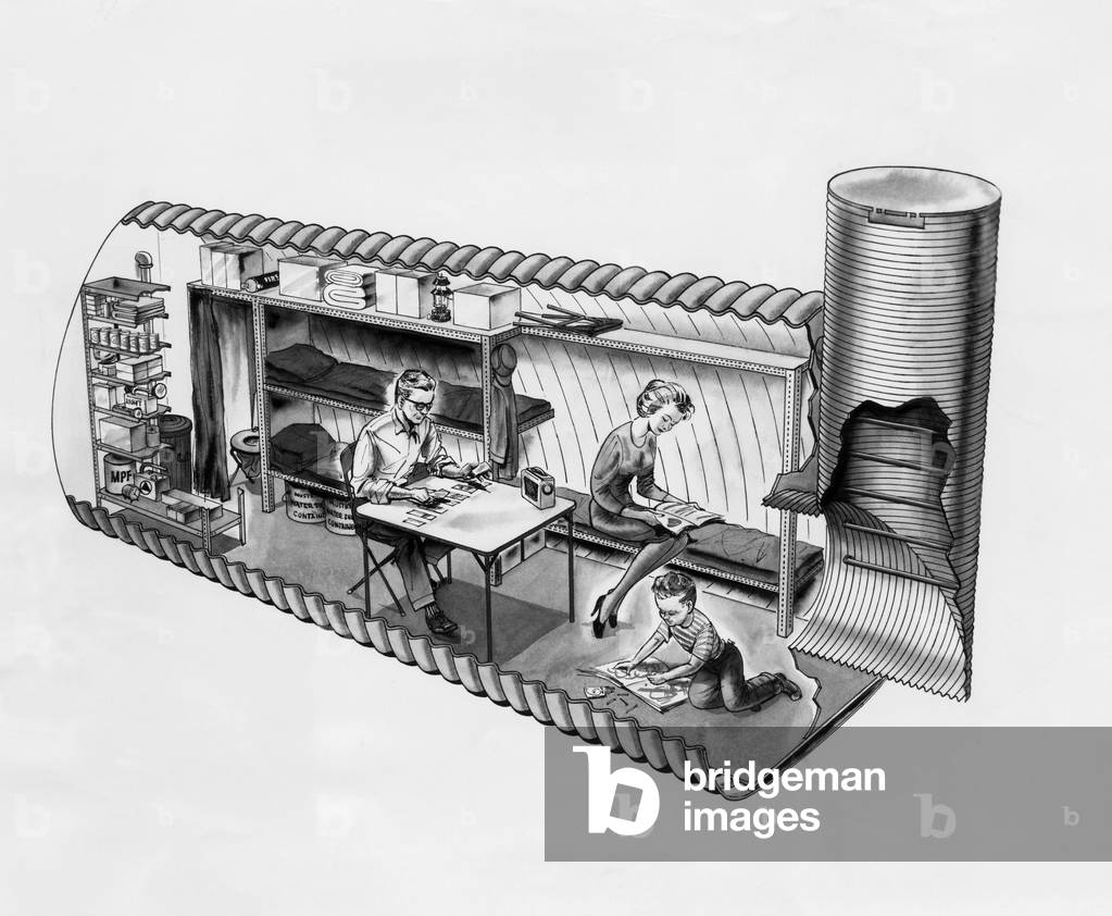 An illustration of prefab fallout shelters, designed to be placed beneath a covering of earth, 1962.
