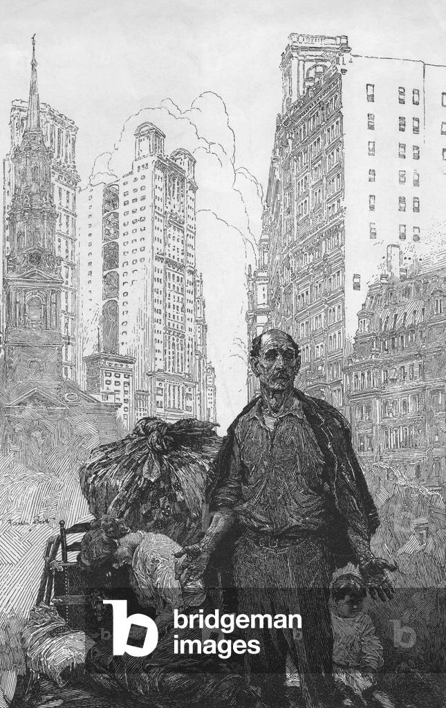 Expressive engraving depicting an sorrowful immigrant father, with his wife and child exhausted amid bundles of garment 'homework.' 1900 engraving from AMERICAN MAGAZINE