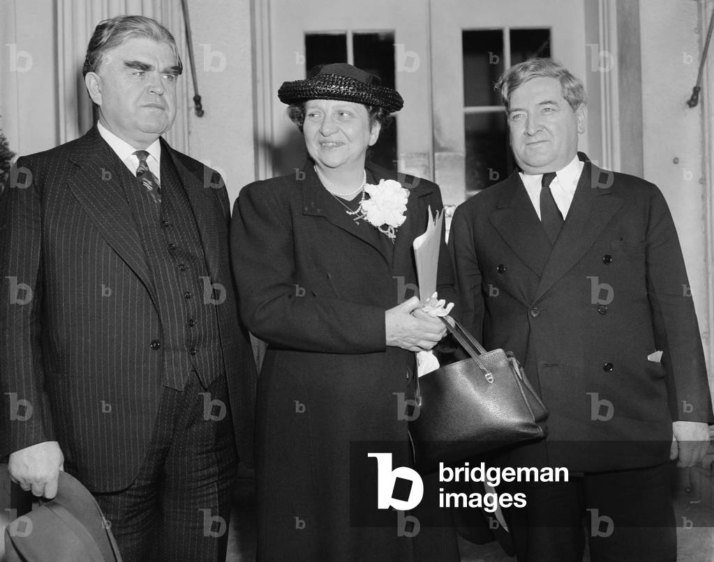 John L. Lewis, President of the C.I.O., Francis Perkins, Secretary of Labor, and James Dewey, Labor Department conciliator after a conference with President Roosevelt to discuss a coal industry labor dispute. May 9, 1939